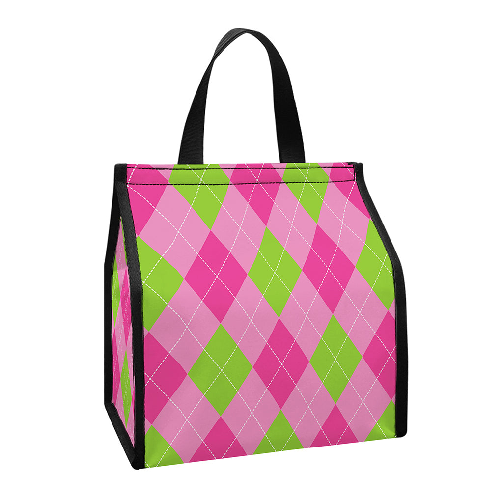 Green And Pink Argyle Pattern Print Insulated Lunch Tote