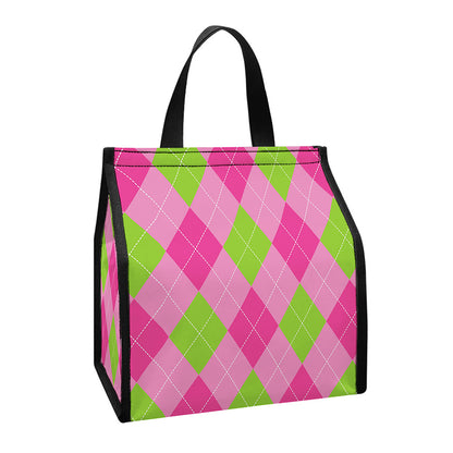 Green And Pink Argyle Pattern Print Insulated Lunch Tote