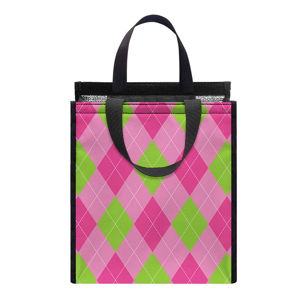Green And Pink Argyle Pattern Print Insulated Lunch Tote