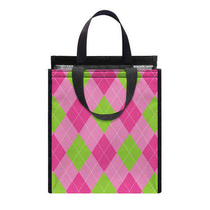 Green And Pink Argyle Pattern Print Insulated Lunch Tote