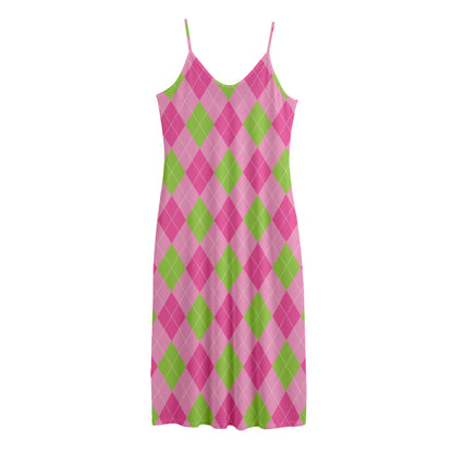 Green And Pink Argyle Pattern Print Jersey Midi Cami Dress