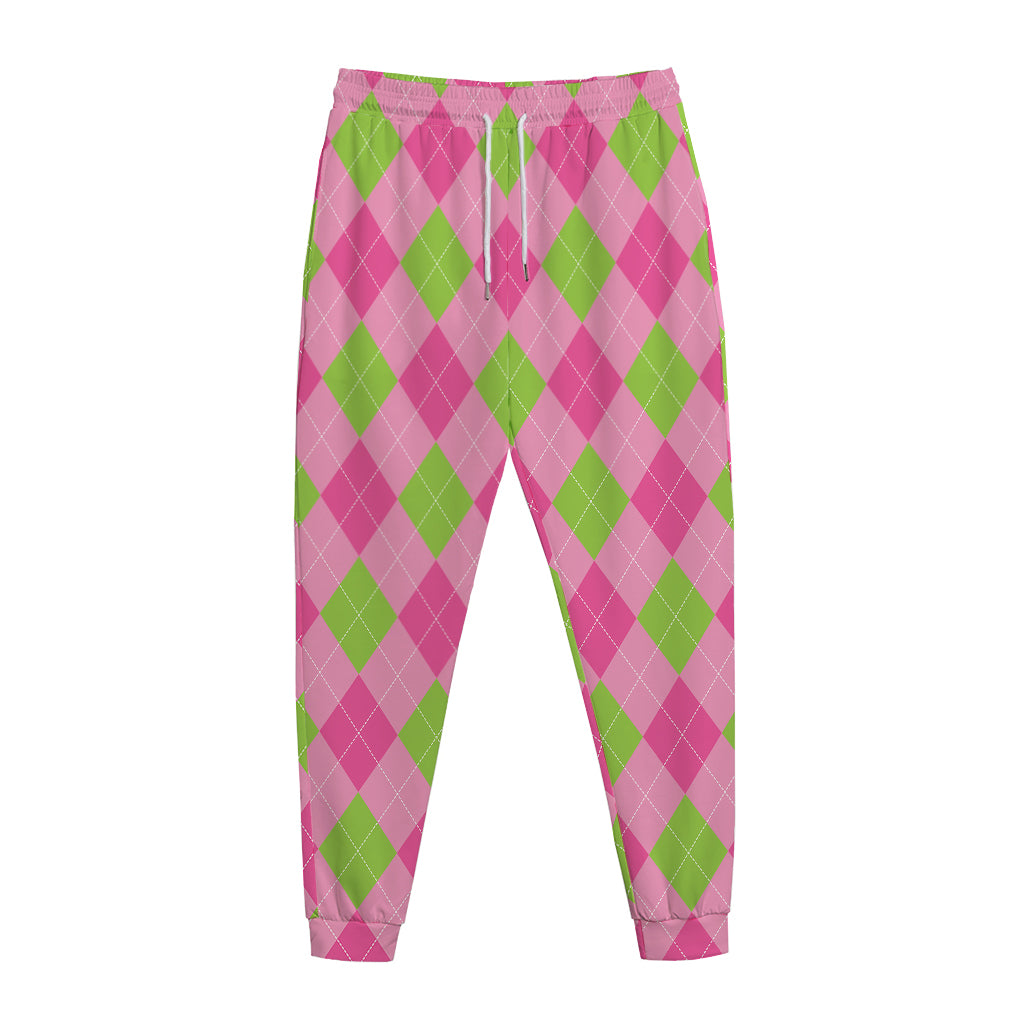 Green And Pink Argyle Pattern Print Jogger Pants