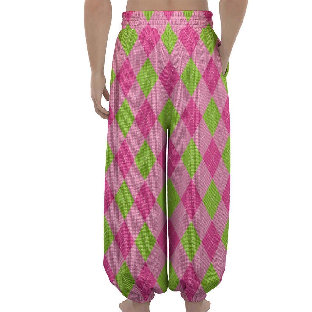 Green And Pink Argyle Pattern Print Lantern Pants