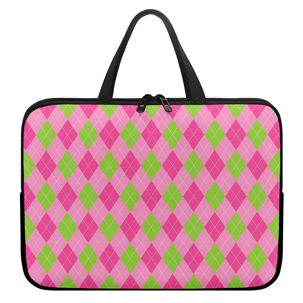 Green And Pink Argyle Pattern Print Laptop Sleeve With Handle