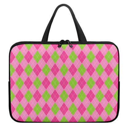 Green And Pink Argyle Pattern Print Laptop Sleeve With Handle