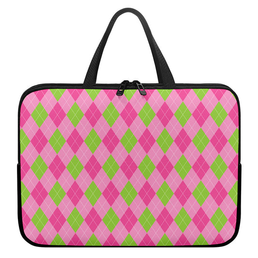 Green And Pink Argyle Pattern Print Laptop Sleeve With Handle