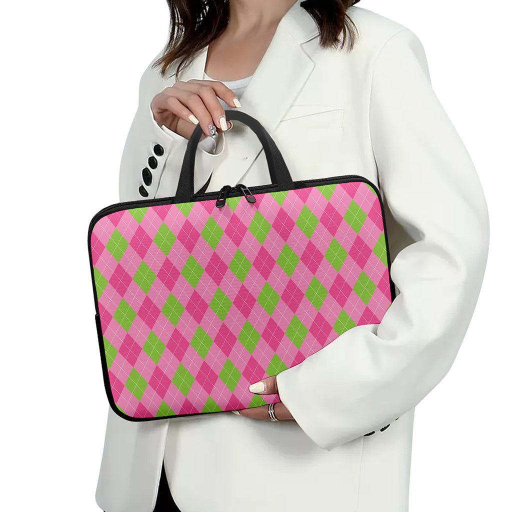 Green And Pink Argyle Pattern Print Laptop Sleeve With Handle