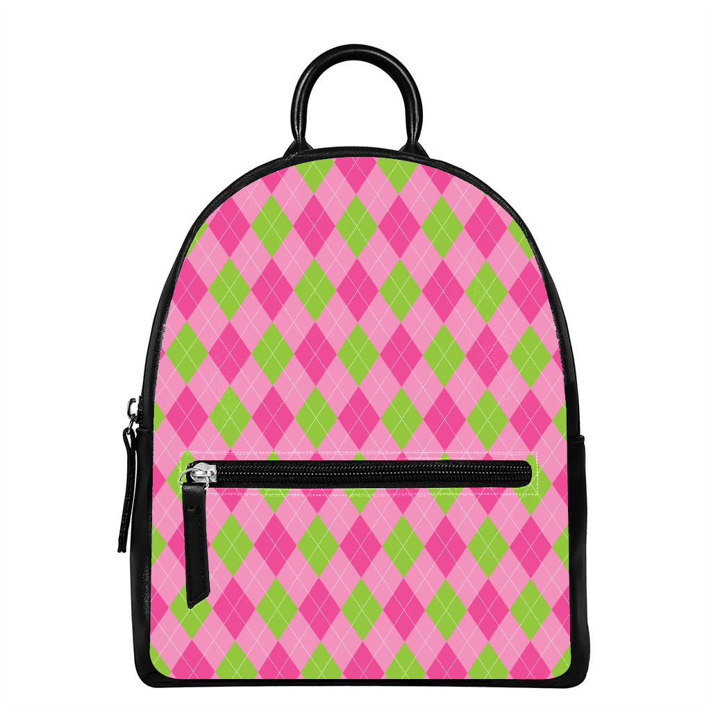 Green And Pink Argyle Pattern Print Leather Backpack