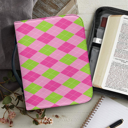 Green And Pink Argyle Pattern Print Leather Bible Cover