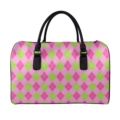 Green And Pink Argyle Pattern Print Leather Duffle Bag