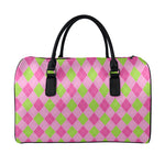 Green And Pink Argyle Pattern Print Leather Duffle Bag