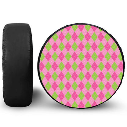 Green And Pink Argyle Pattern Print Leather Spare Tire Cover