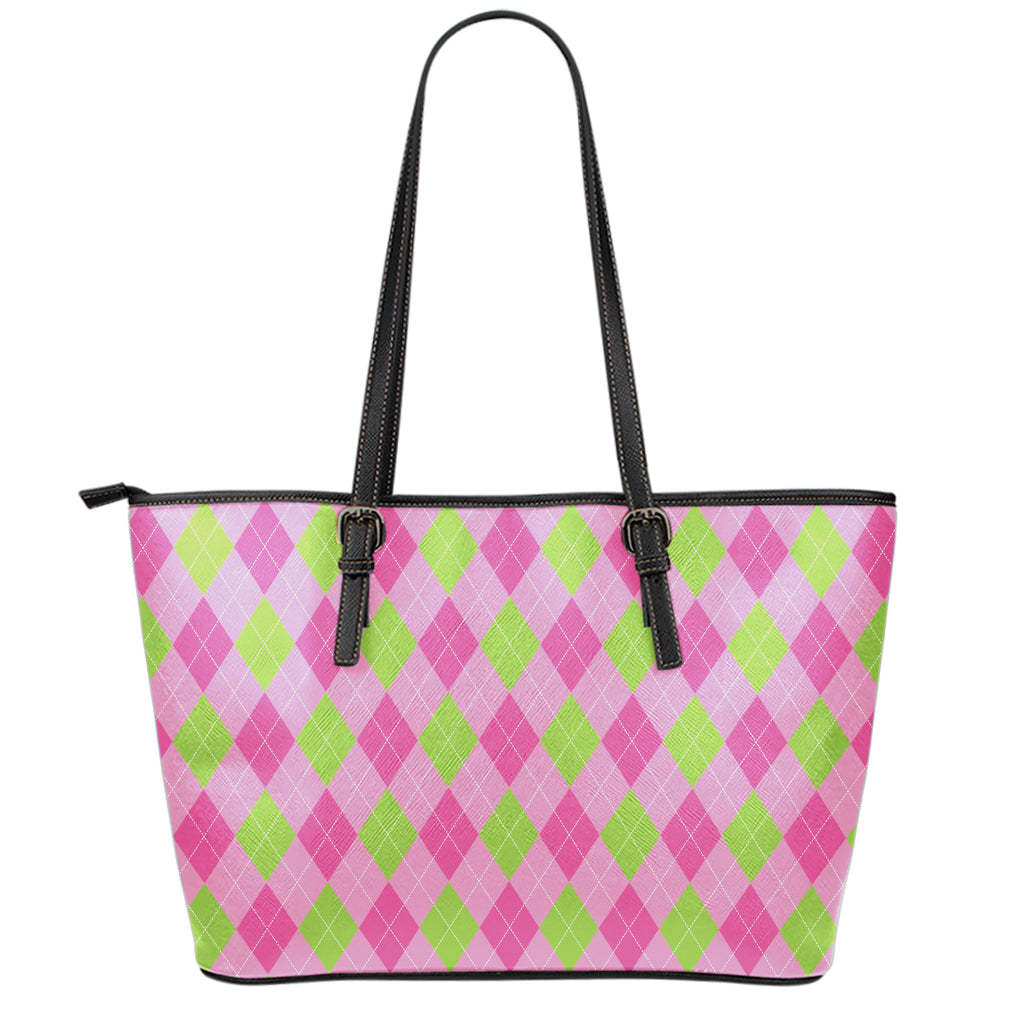 Green And Pink Argyle Pattern Print Leather Tote Bag
