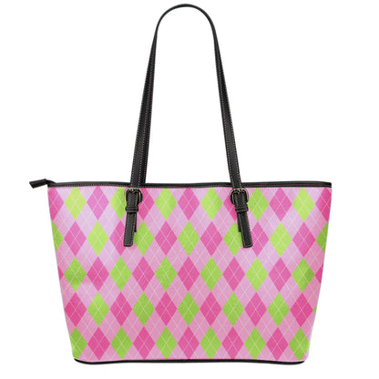 Green And Pink Argyle Pattern Print Leather Tote Bag