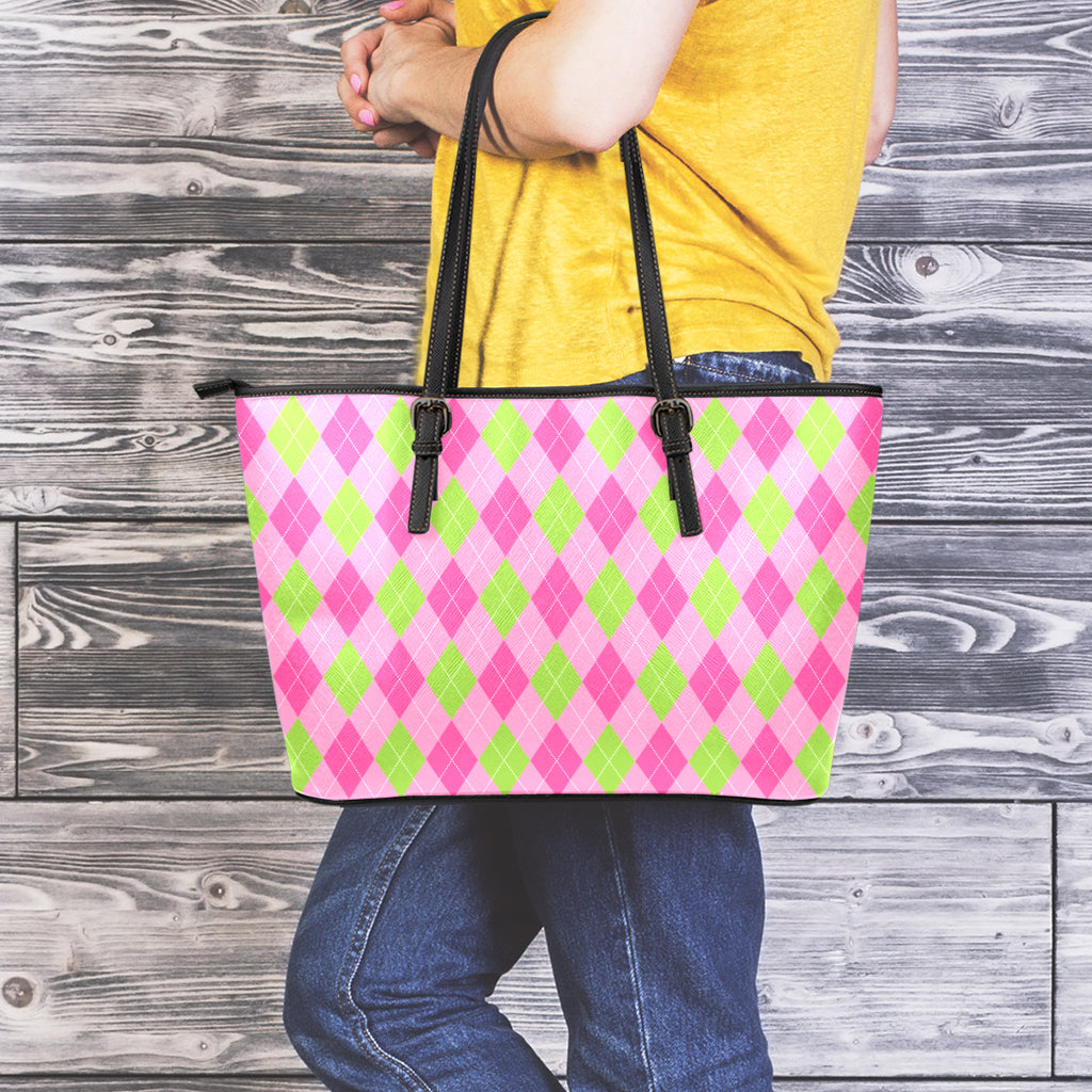 Green And Pink Argyle Pattern Print Leather Tote Bag