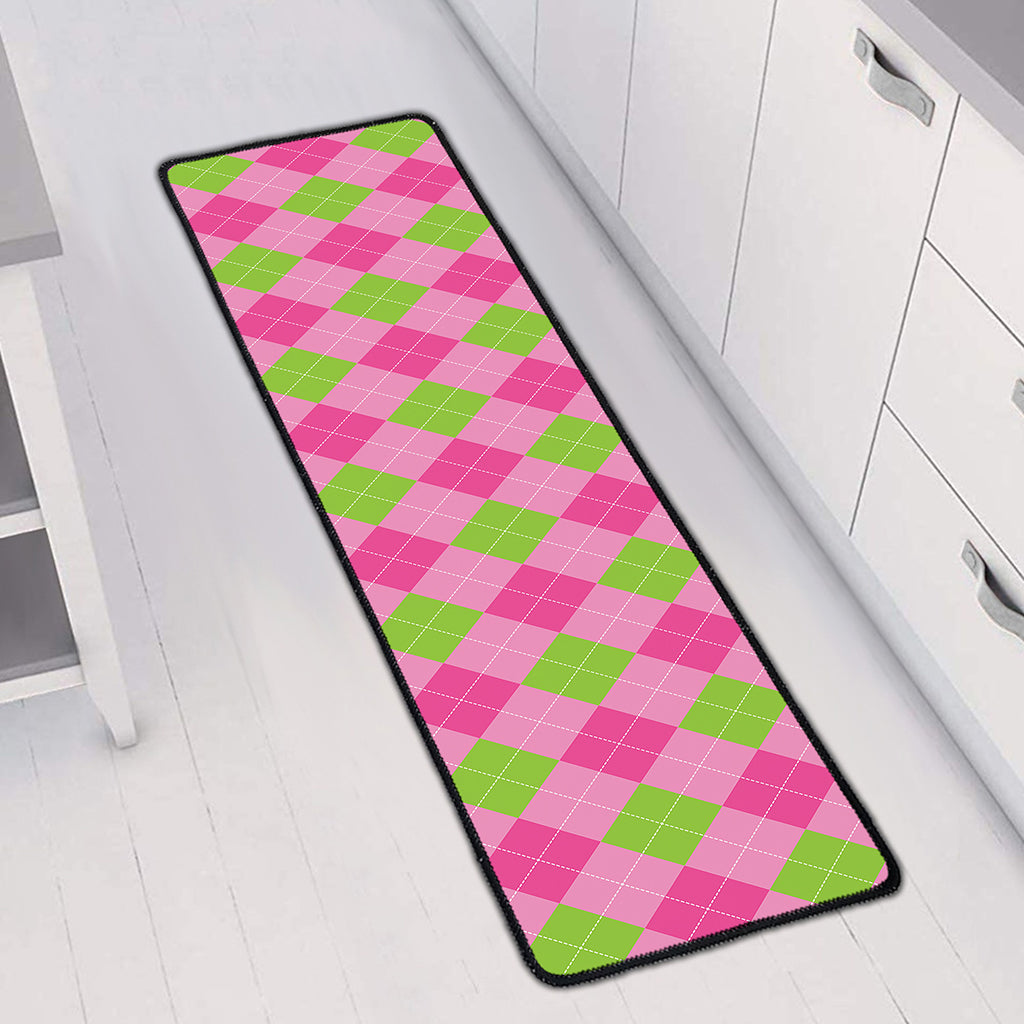 Green And Pink Argyle Pattern Print Long Kitchen Mat