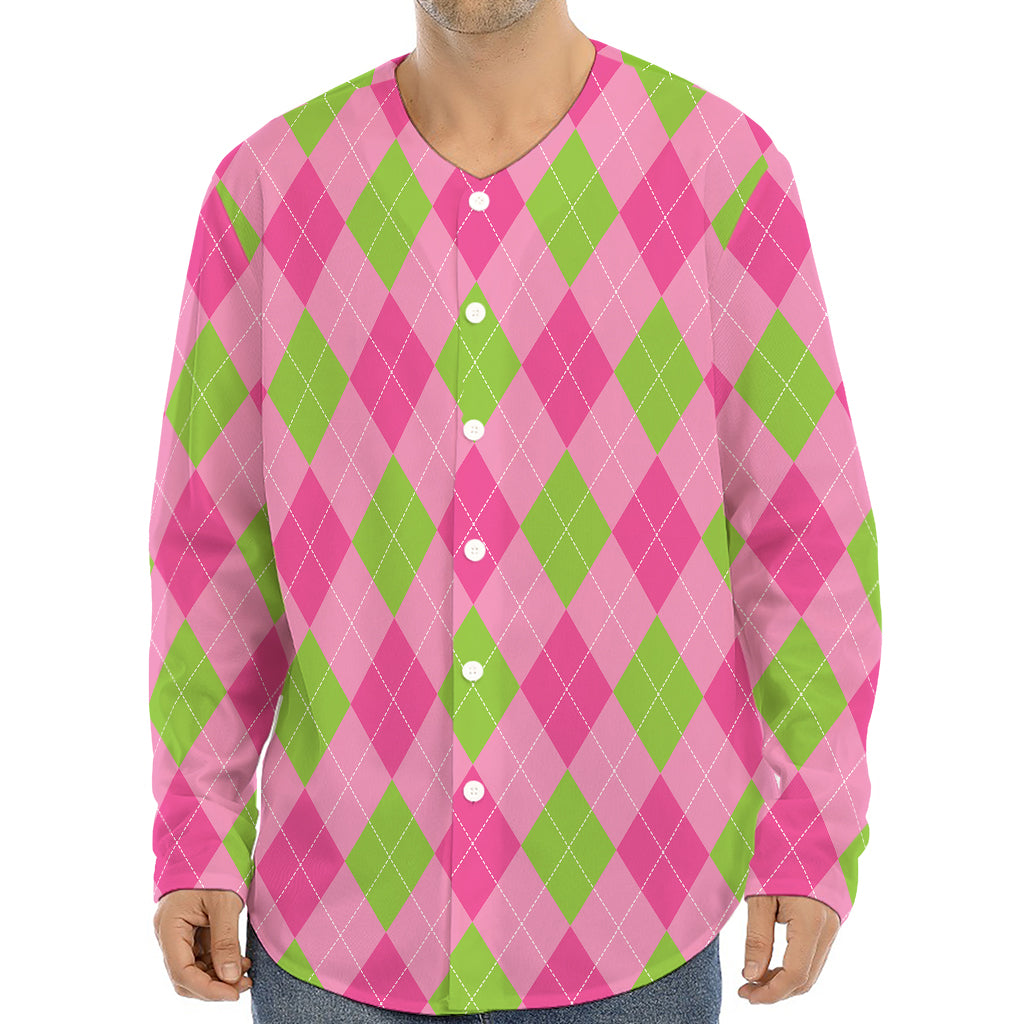 Green And Pink Argyle Pattern Print Long Sleeve Baseball Jersey