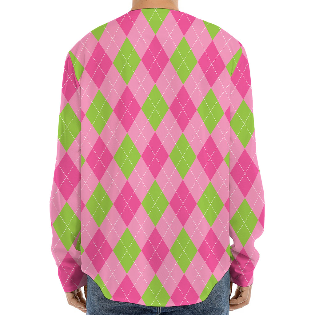 Green And Pink Argyle Pattern Print Long Sleeve Baseball Jersey