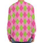 Green And Pink Argyle Pattern Print Long Sleeve Baseball Jersey