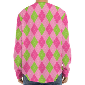 Green And Pink Argyle Pattern Print Long Sleeve Baseball Jersey