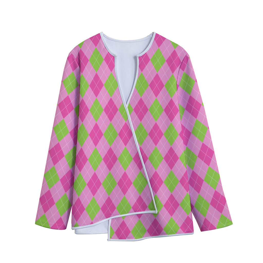 Green And Pink Argyle Pattern Print Long Sleeve Short Coat