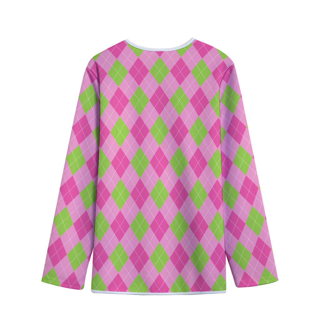 Green And Pink Argyle Pattern Print Long Sleeve Short Coat