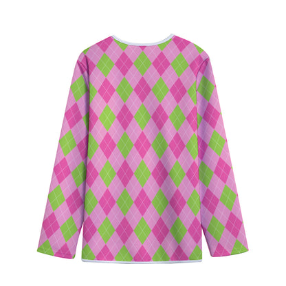 Green And Pink Argyle Pattern Print Long Sleeve Short Coat