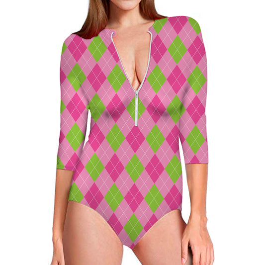 Green And Pink Argyle Pattern Print Long Sleeve Swimsuit