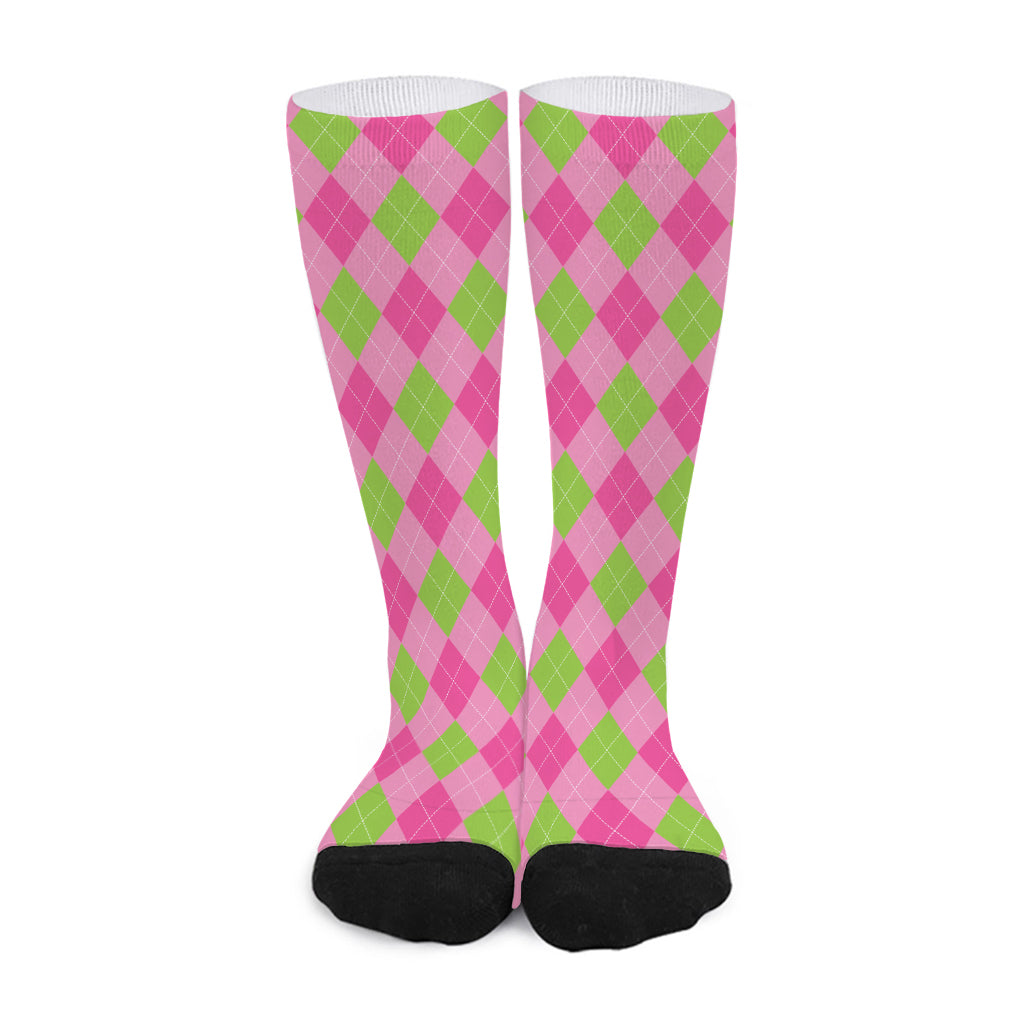 Green And Pink Argyle Pattern Print Long Socks