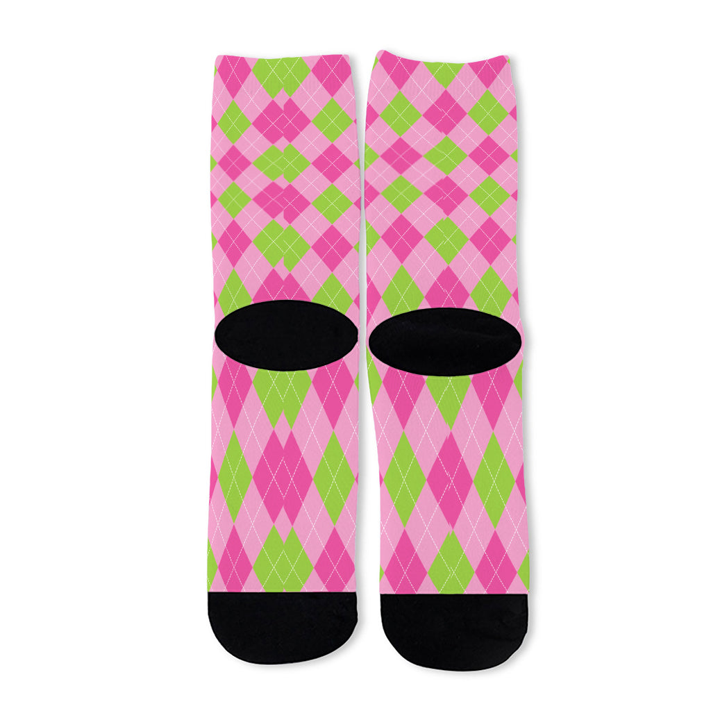 Green And Pink Argyle Pattern Print Long Socks