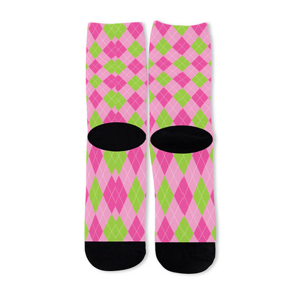 Green And Pink Argyle Pattern Print Long Socks