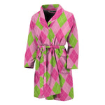 Green And Pink Argyle Pattern Print Men's Bathrobe