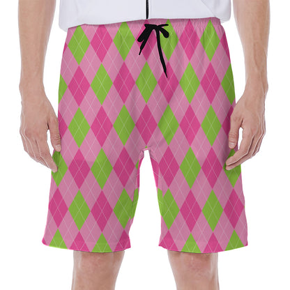 Green And Pink Argyle Pattern Print Men's Beach Shorts