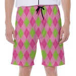 Green And Pink Argyle Pattern Print Men's Beach Shorts
