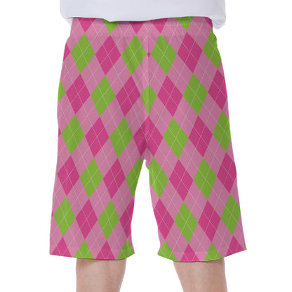 Green And Pink Argyle Pattern Print Men's Beach Shorts