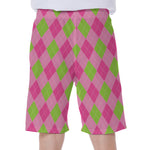 Green And Pink Argyle Pattern Print Men's Beach Shorts