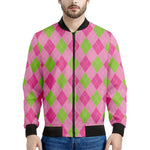Green And Pink Argyle Pattern Print Men's Bomber Jacket