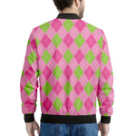 Green And Pink Argyle Pattern Print Men's Bomber Jacket