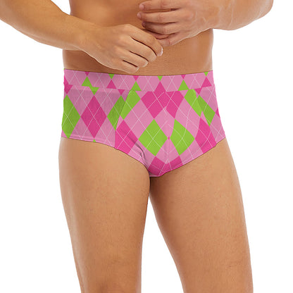 Green And Pink Argyle Pattern Print Men's Briefs