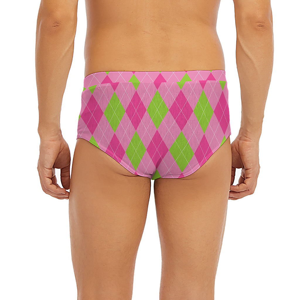 Green And Pink Argyle Pattern Print Men's Briefs