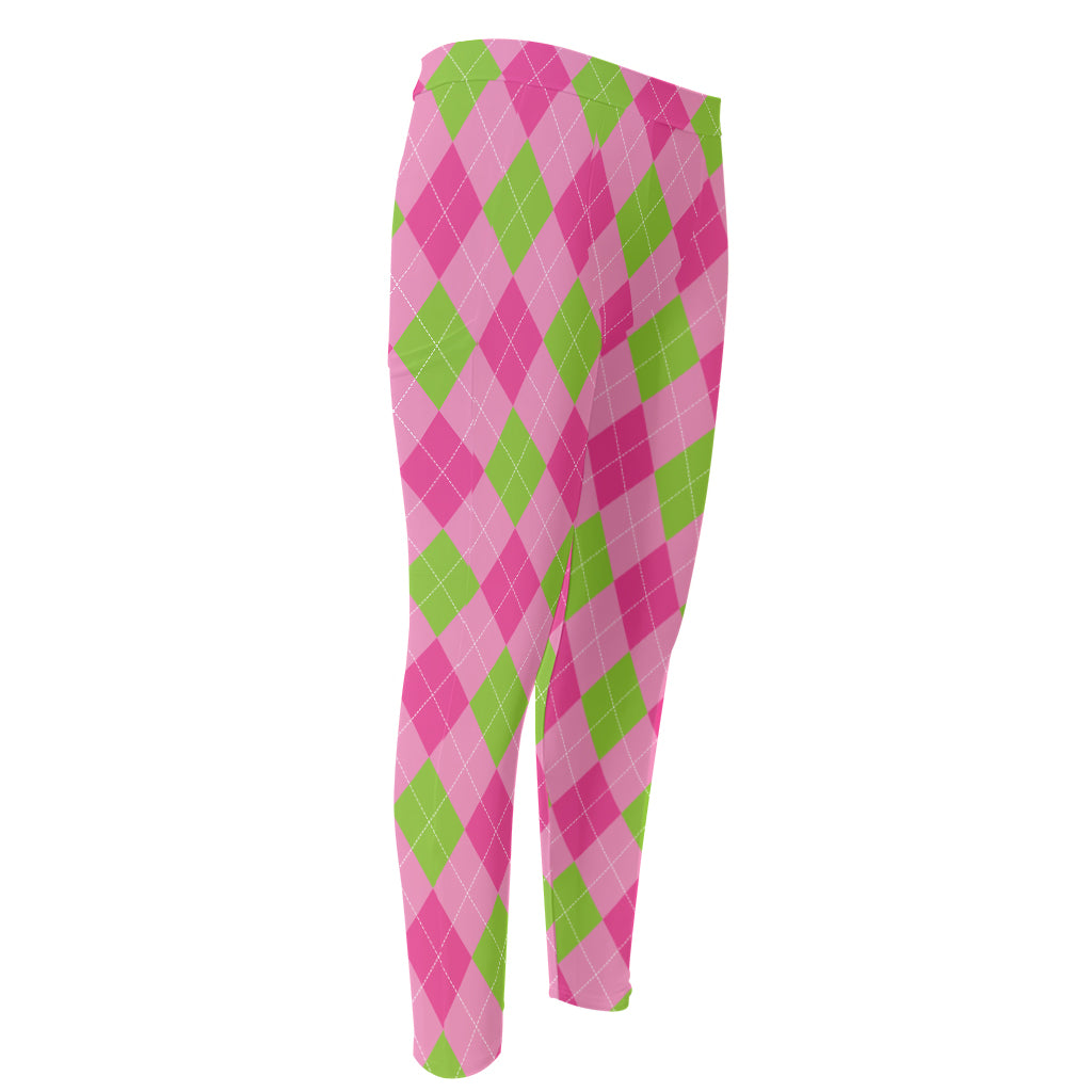 Green And Pink Argyle Pattern Print Men's Compression Pants