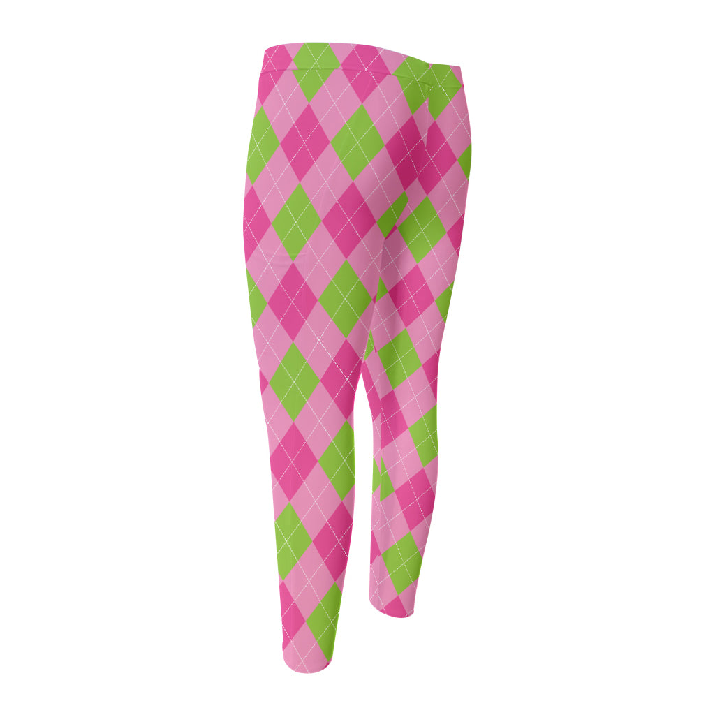 Green And Pink Argyle Pattern Print Men's Compression Pants