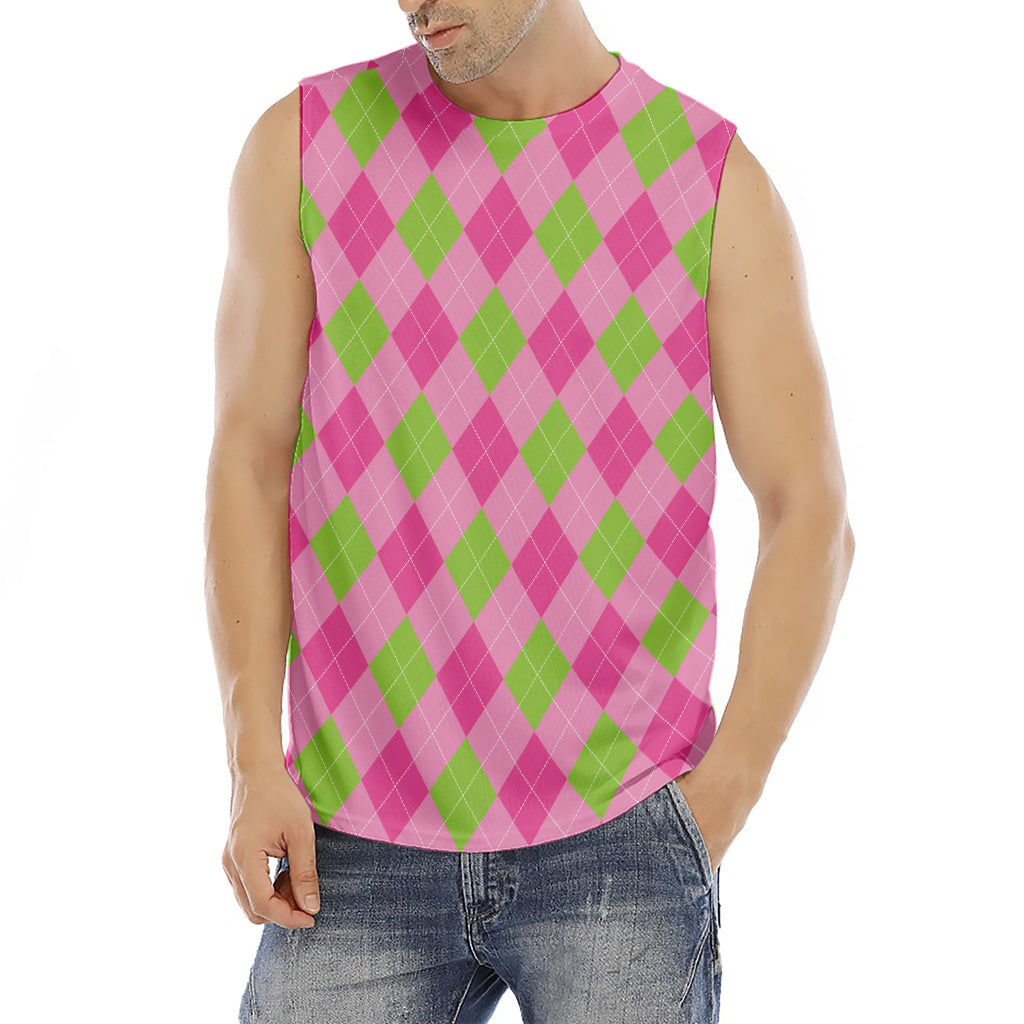 Green And Pink Argyle Pattern Print Men's Fitness Tank Top