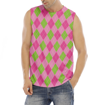 Green And Pink Argyle Pattern Print Men's Fitness Tank Top