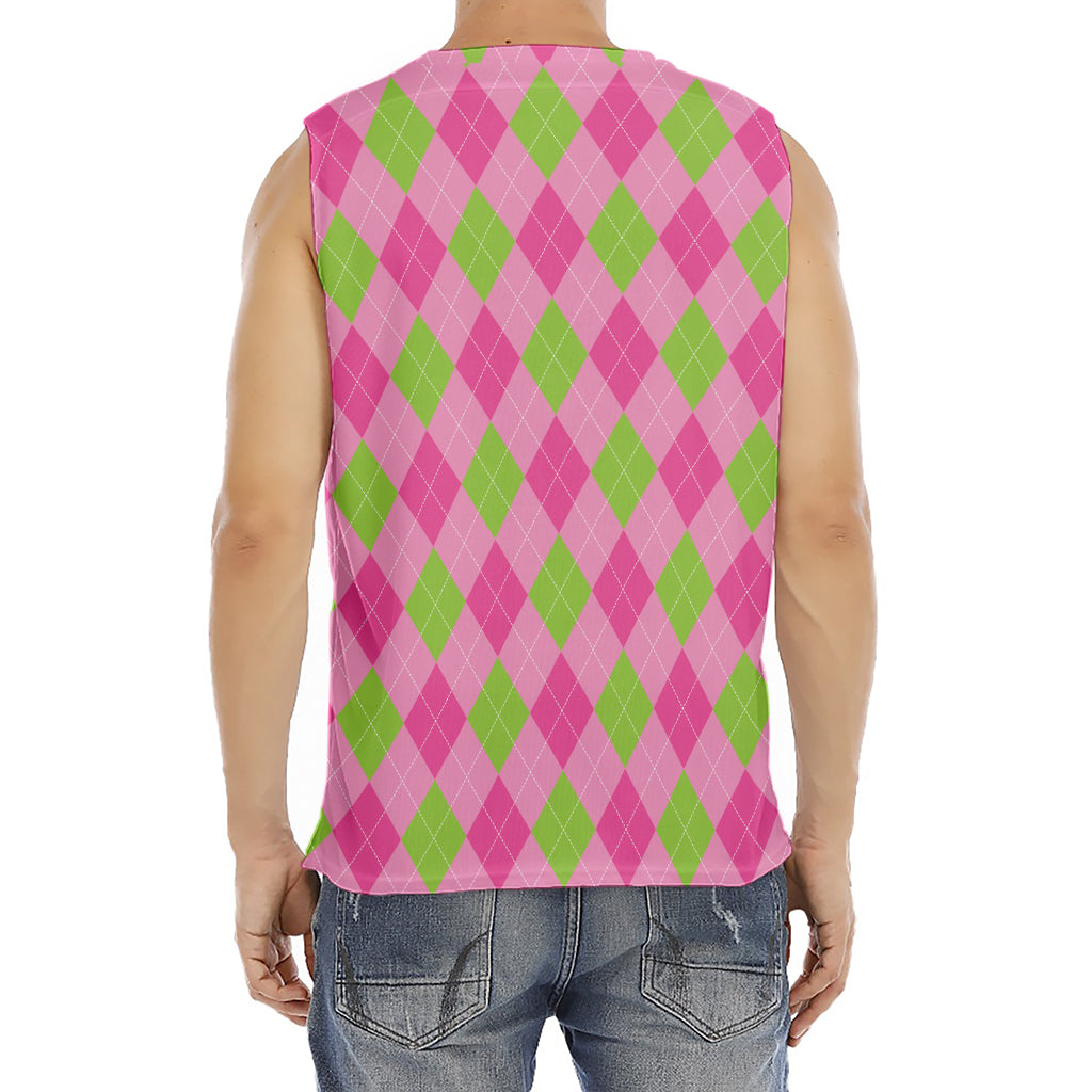 Green And Pink Argyle Pattern Print Men's Fitness Tank Top