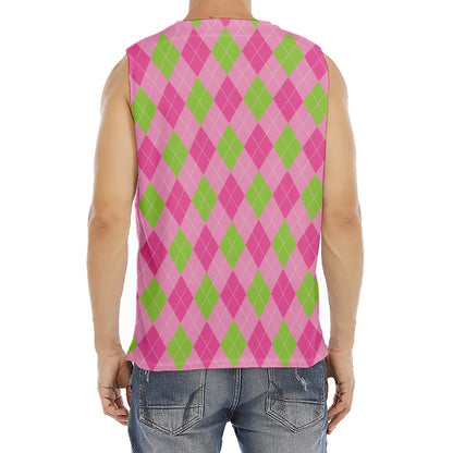 Green And Pink Argyle Pattern Print Men's Fitness Tank Top