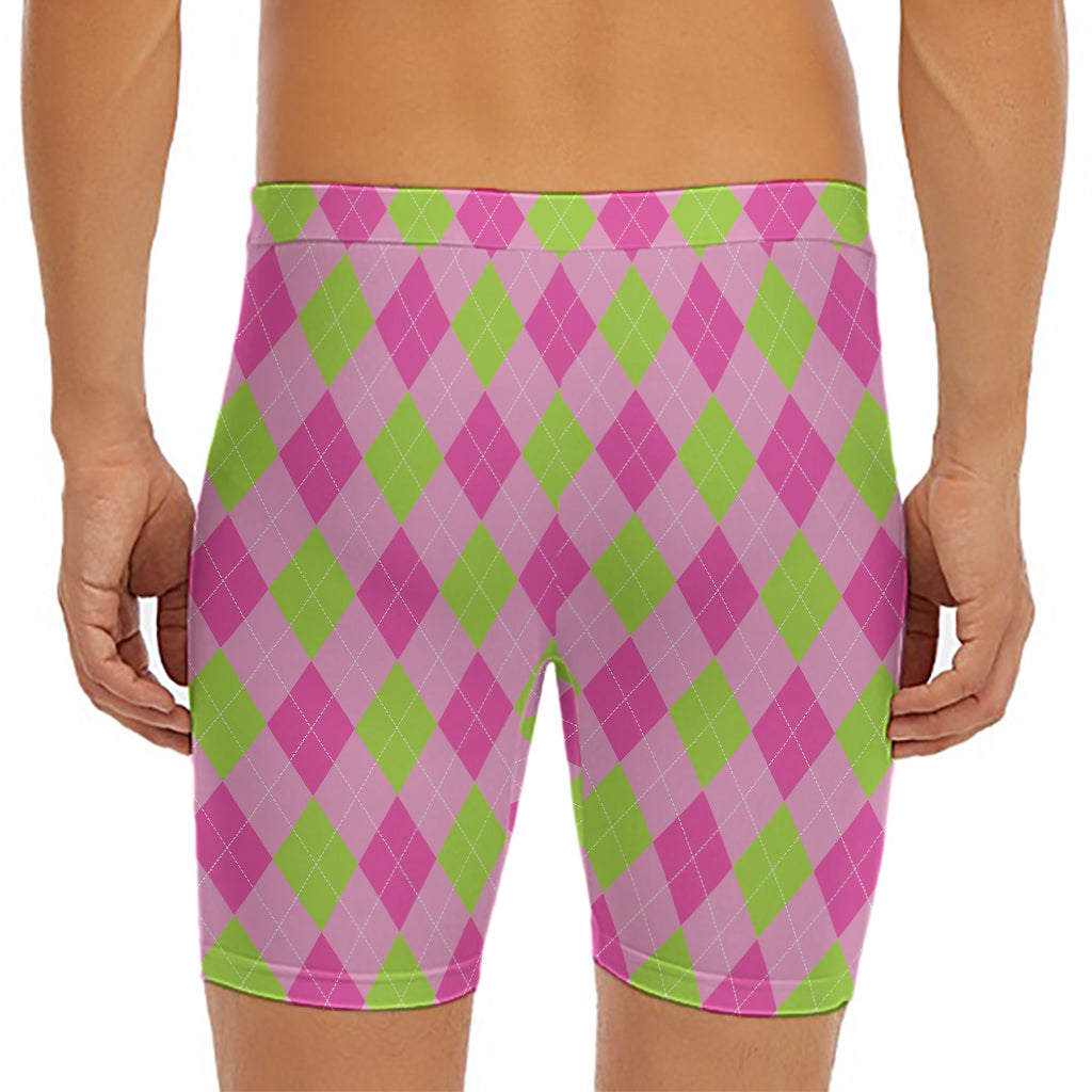 Green And Pink Argyle Pattern Print Men's Long Boxer Briefs