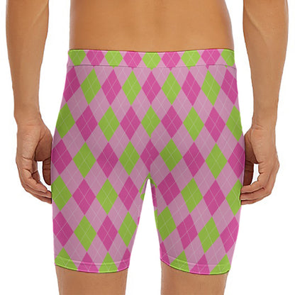 Green And Pink Argyle Pattern Print Men's Long Boxer Briefs