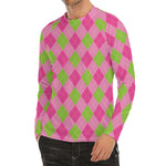 Green And Pink Argyle Pattern Print Men's Long Sleeve Rash Guard