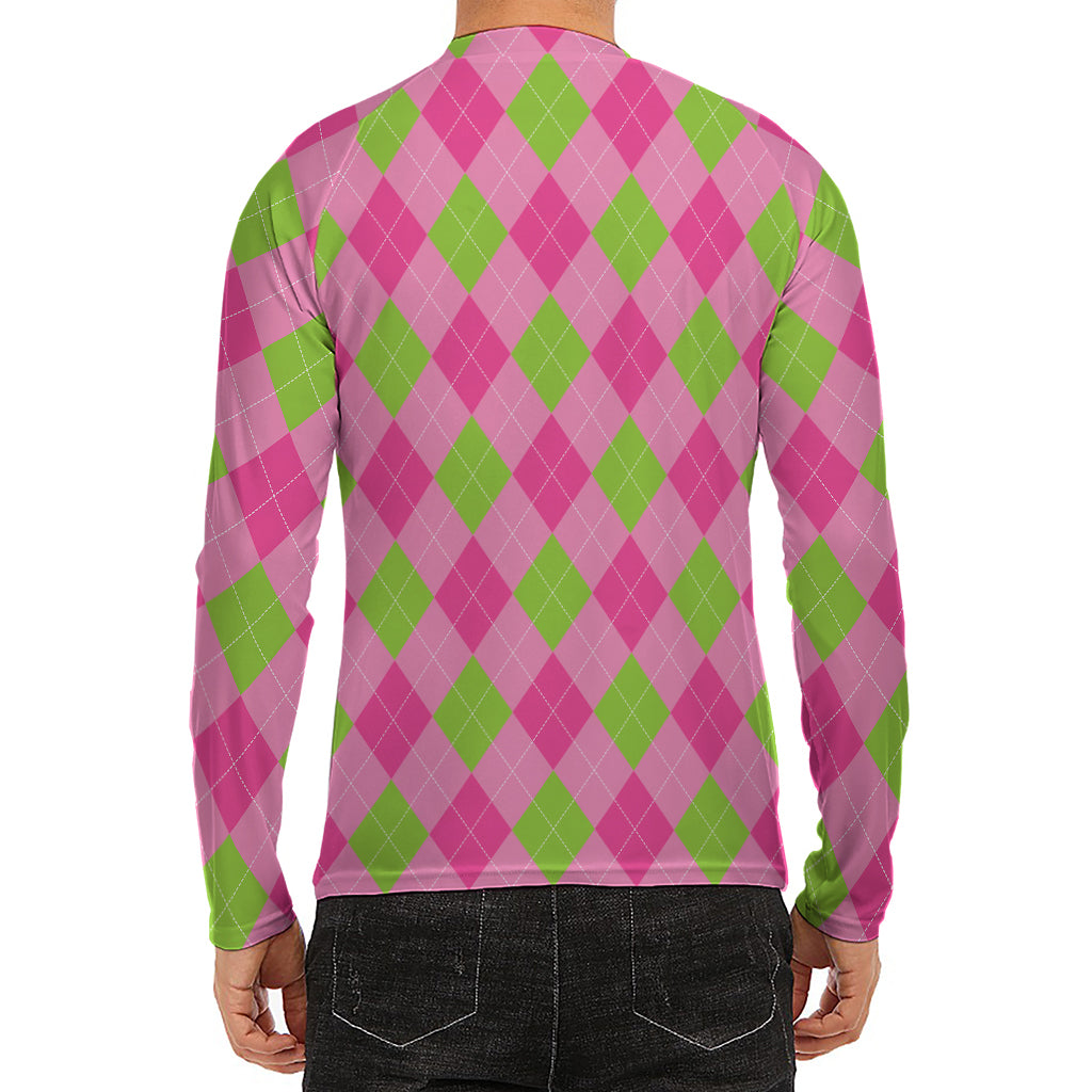 Green And Pink Argyle Pattern Print Men's Long Sleeve Rash Guard